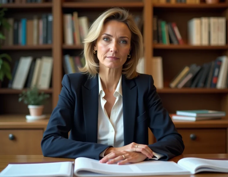 Journaliste femme travaillant à son bureau avec des documents, illustration de la vie professionnelle d'une personnalité médiatique