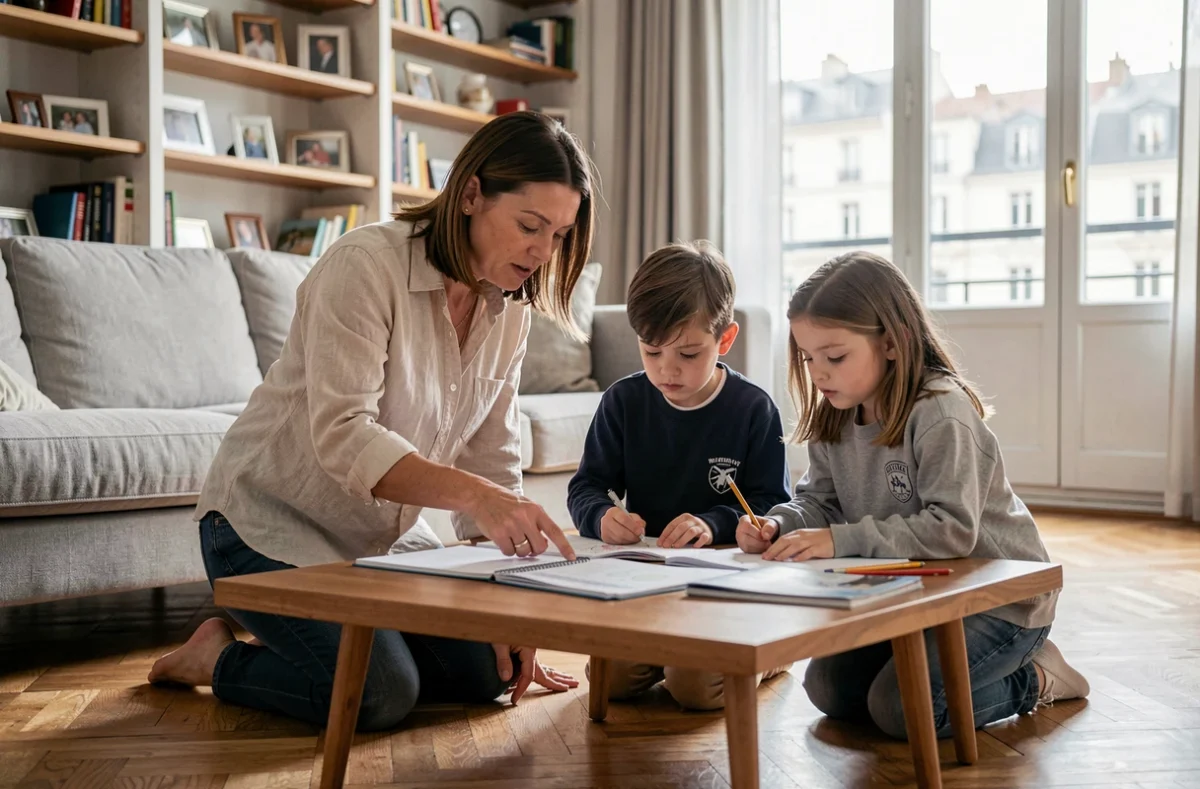 Mère aidant ses enfants à faire leurs devoirs dans un salon d'appartement moderne