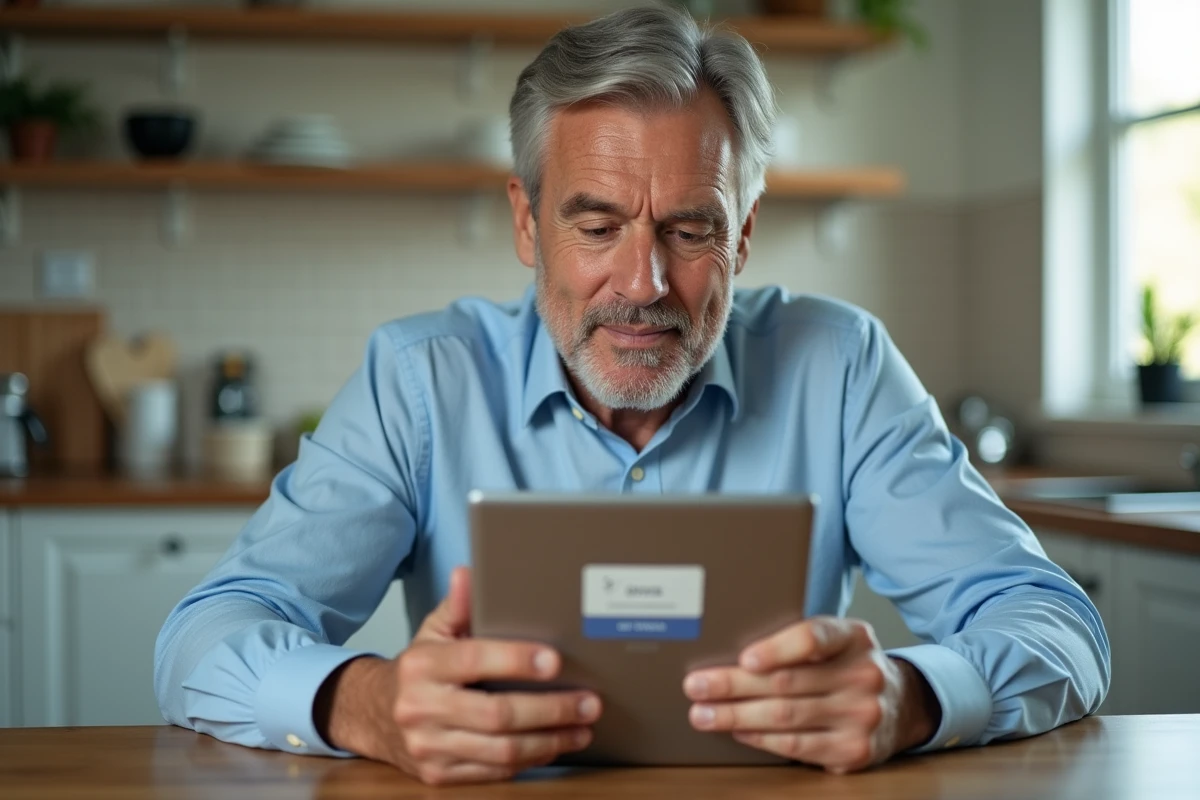 Homme d'âge mûr consultant sa messagerie webmail sur une tablette dans une cuisine moderne