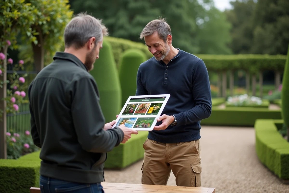 Homme consultant le plan de site d'un blog jardinage sur une tablette dans un jardin ornemental