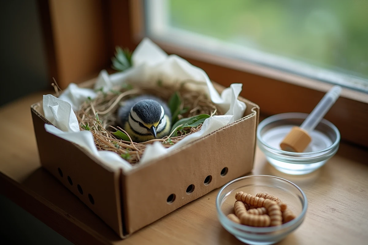 Nid de fortune fait maison pour accueillir un bébé oisillon mésange, boîte en carton avec vers de farine et compte-gouttes