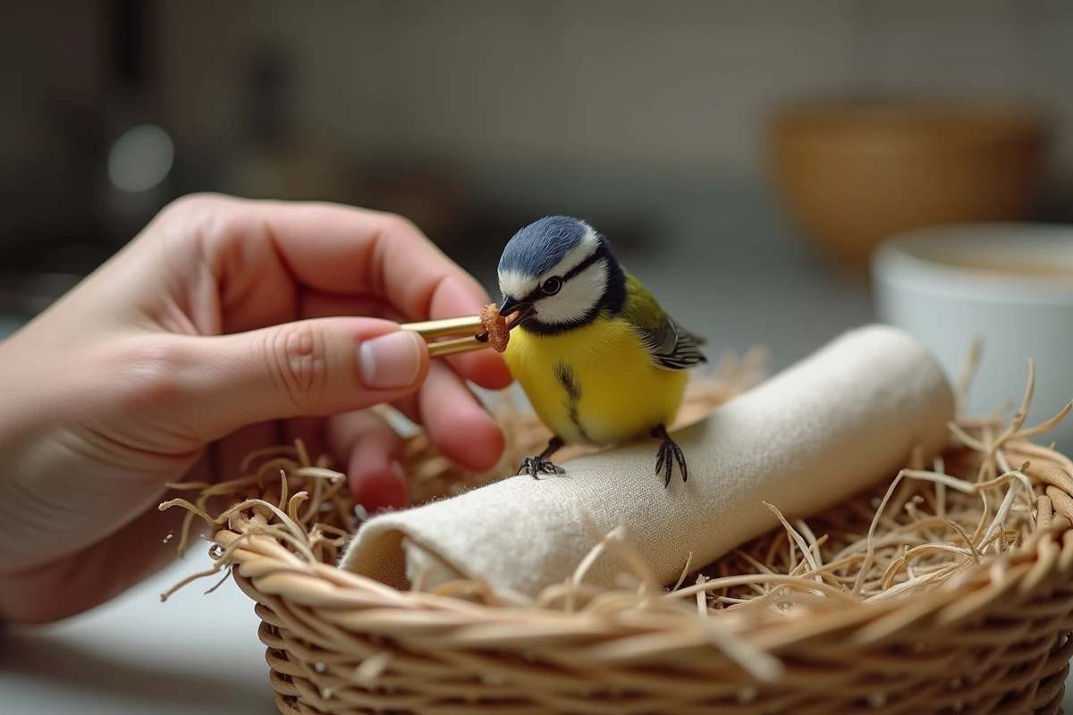 Personne nourrissant un oisillon mésange avec une pince en bois et un ver de farine, nid de fortune en panier
