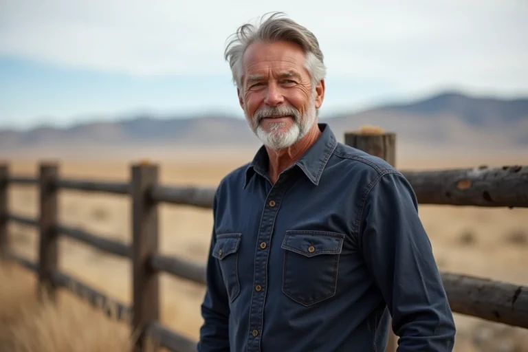 Portrait d'un homme aux cheveux argentés en chemise flanelle bleue devant un paysage de ranch américain