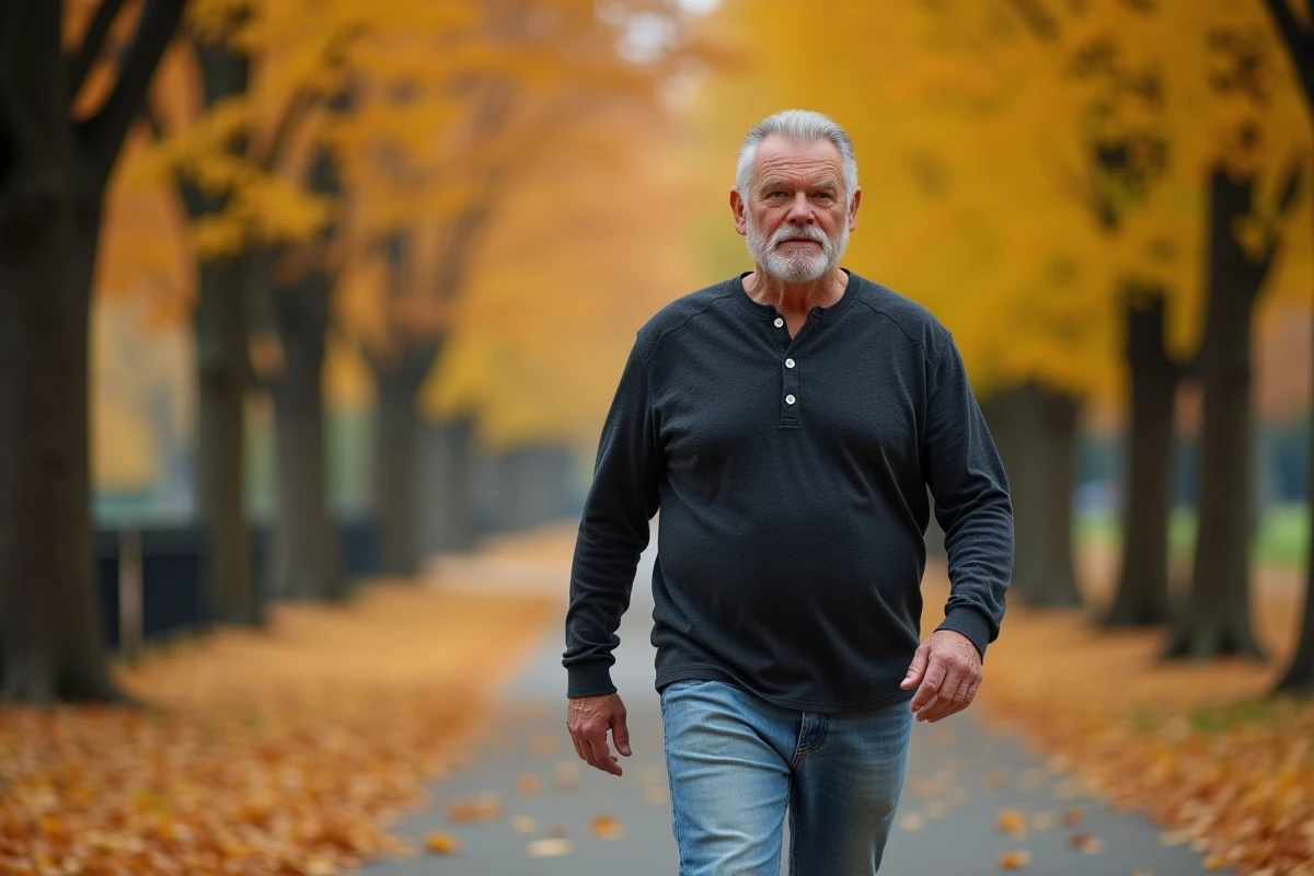 Homme en promenade dans un parc automnal aux feuilles dorées sur une allée arborée