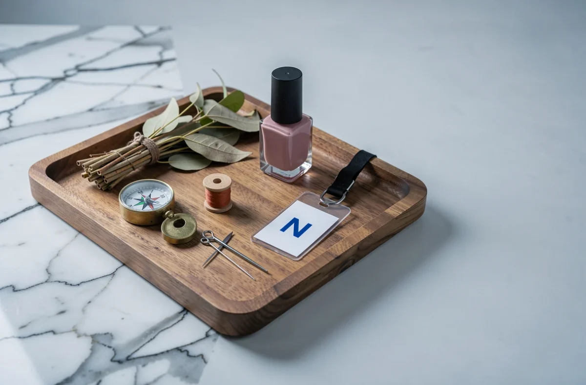 Plateau en bois sur marbre avec des objets du quotidien commençant par N : compas, aiguille, feuilles de neem, vernis à ongles et badge