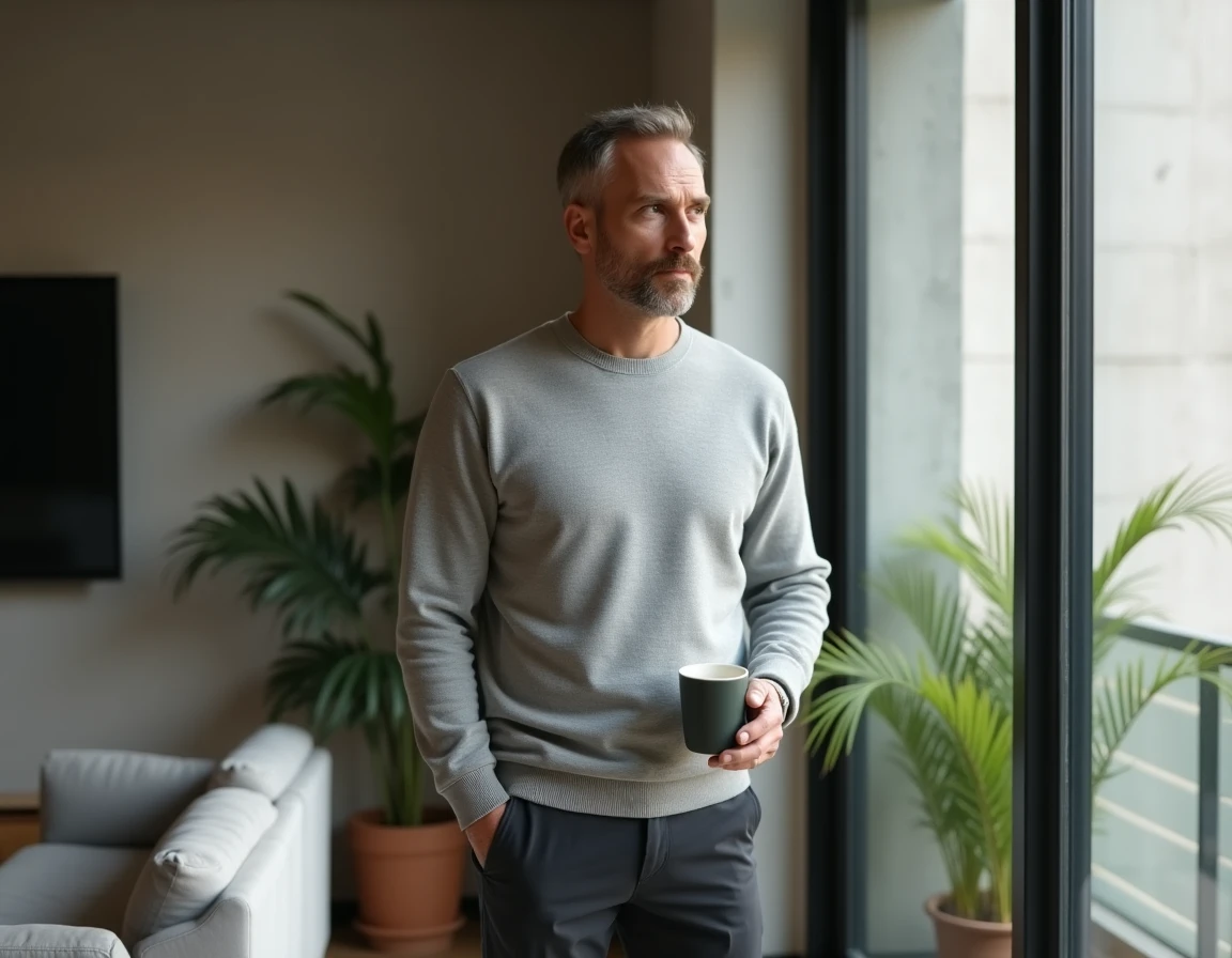 Portrait d'un homme élégant dans un salon contemporain, illustration de la vie privée et de l'identité d'un conjoint discret