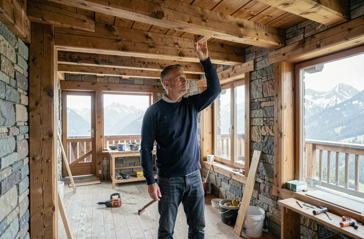 Propriétaire inspectant la charpente en bois d'un chalet alpin en cours de rénovation immobilière