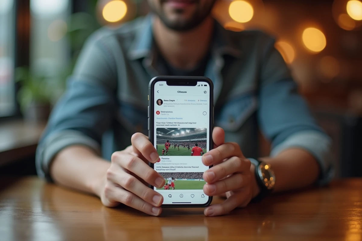 Personne consultant un fil d'actualité sur smartphone montrant du contenu viral sportif dans un café