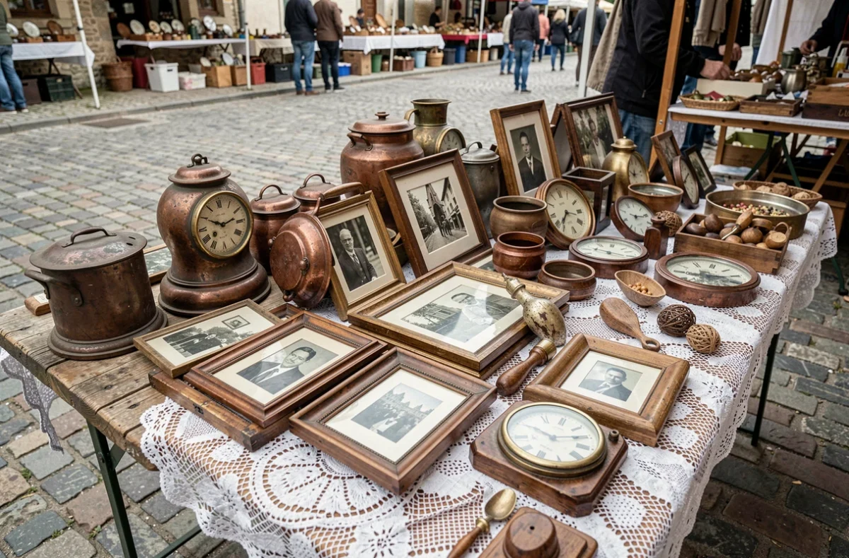 Table couverte d'objets anciens et de bibelots lors d'un vide grenier dans le département 79