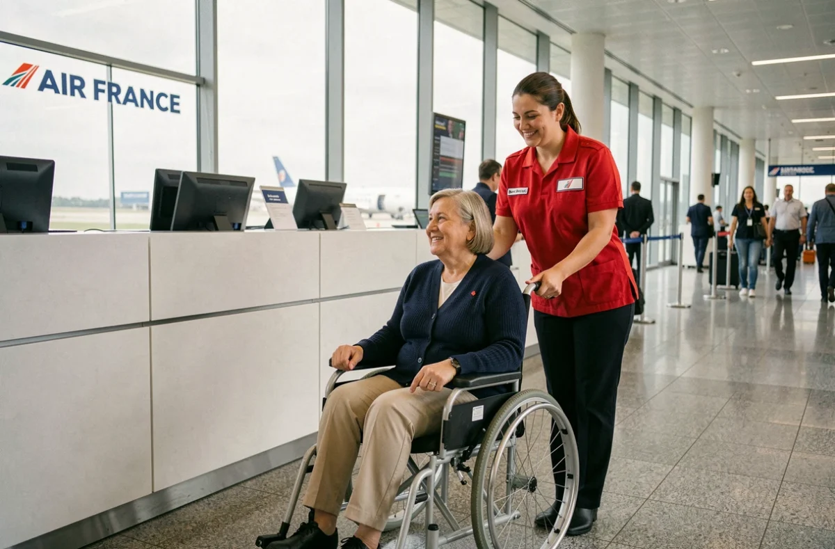 Femme en fauteuil roulant assistée par un agent Air France au comptoir d'enregistrement d'un aéroport moderne