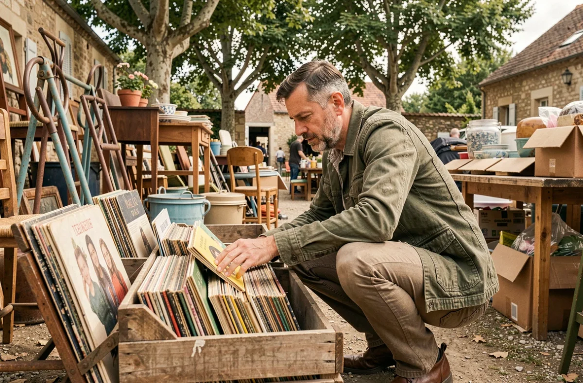 Homme fouillant des disques vinyles anciens dans un vide grenier en plein air dans les Deux-Sèvres