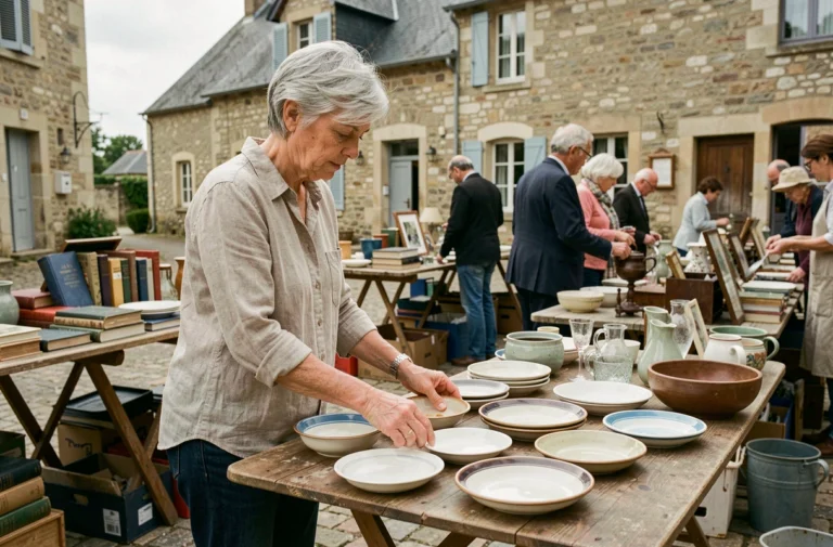 Femme examinant de la vaisselle ancienne sur une table de vide maison dans un village du 79 Deux-Sèvres